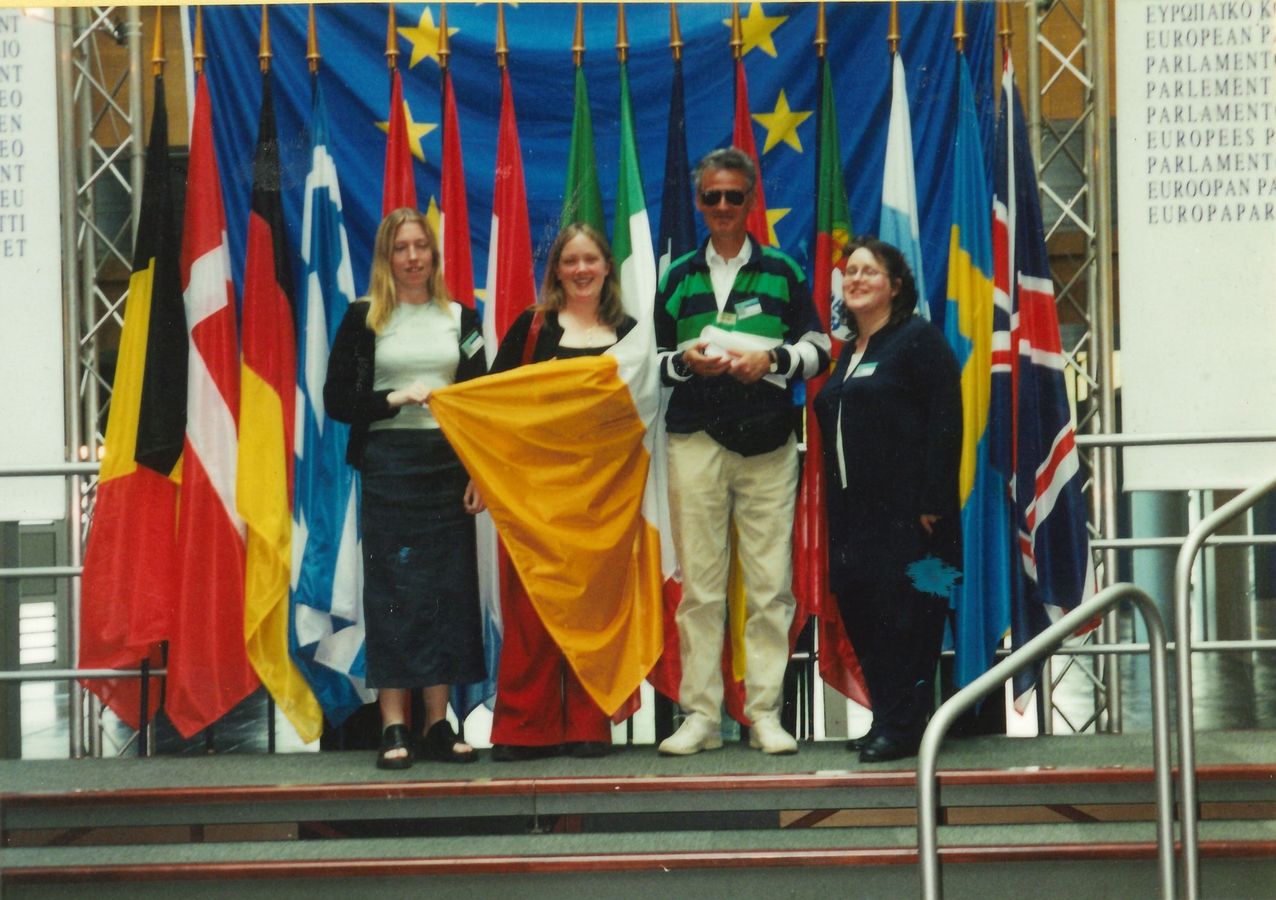 Members holding a flag among the national flags at the European Parliament